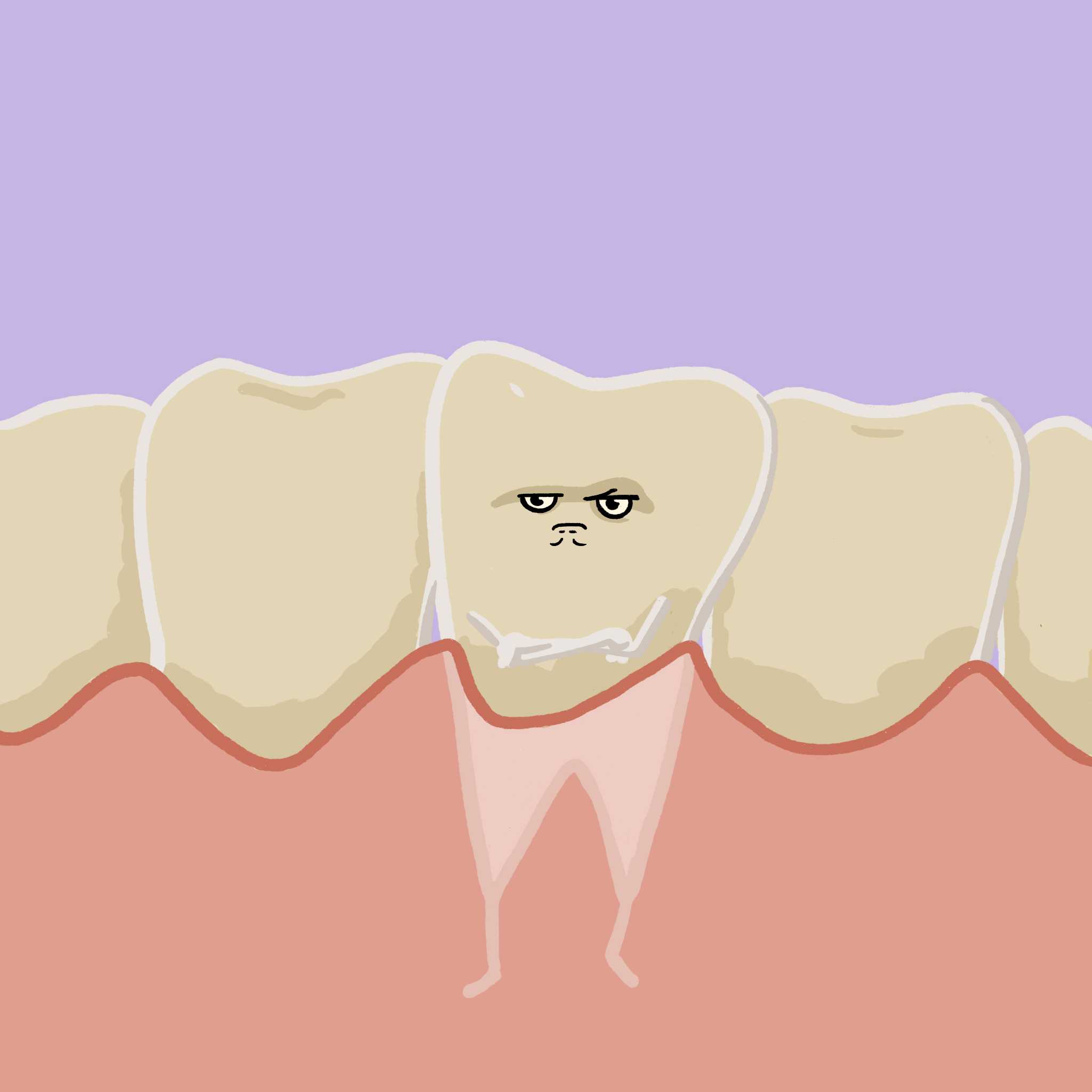 Antropomorf tann med et sint uttrykk står mellom andre tenner som stikker opp av tannkjøttet, mot en lilla bakgrunn.